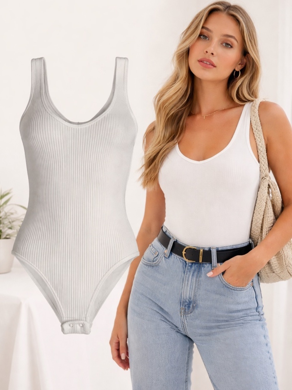 AURA | Ribbed Bodysuit Cream White Nylon Spandex Stretch Tank | Womenβs Size S/M